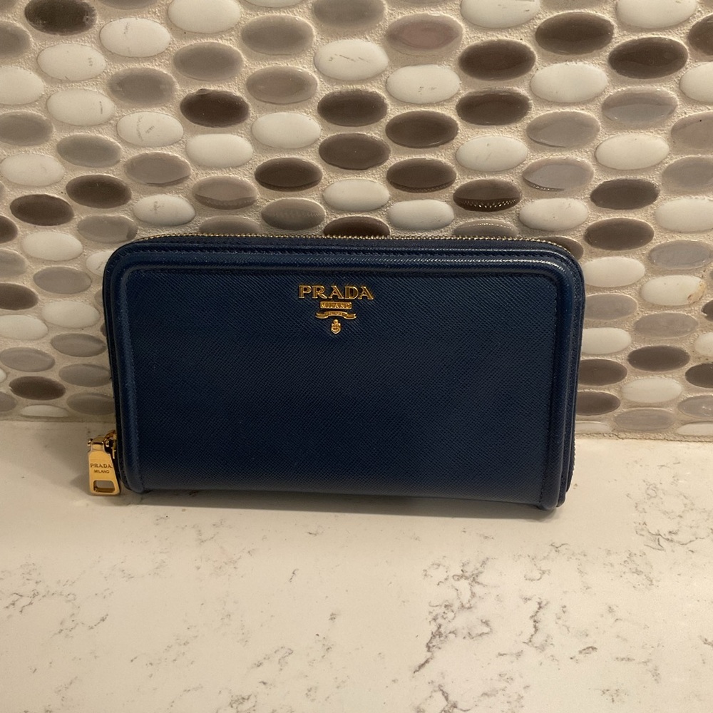 Authentic Prada Navy Saffiano Leather Zip-Around Wallet